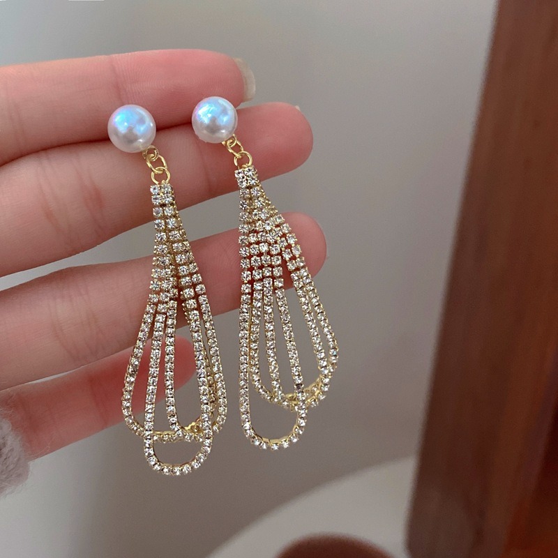 【好.樣.日.子】韓國風鑲鑽珍珠流蘇長耳環 S925純銀耳針 氣質誇張大耳環 流蘇垂墜耳飾 耳釘女飾品-細節圖2