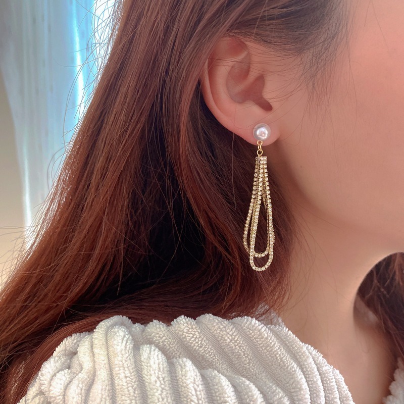 【好.樣.日.子】韓國風鑲鑽珍珠流蘇長耳環 S925純銀耳針 氣質誇張大耳環 流蘇垂墜耳飾 耳釘女飾品-細節圖3