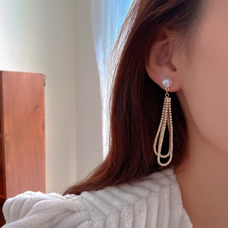 【好.樣.日.子】韓國風鑲鑽珍珠流蘇長耳環 S925純銀耳針 氣質誇張大耳環 流蘇垂墜耳飾 耳釘女飾品-細節圖4
