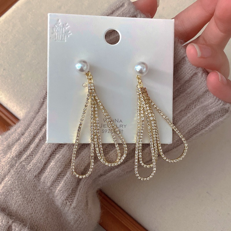 【好.樣.日.子】韓國風鑲鑽珍珠流蘇長耳環 S925純銀耳針 氣質誇張大耳環 流蘇垂墜耳飾 耳釘女飾品-細節圖5