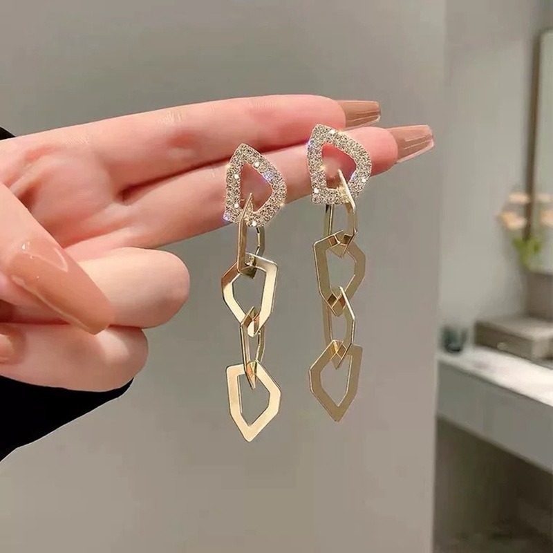 【好.樣.日.子】氣質不規則鏈條鑲鑽耳環 流蘇垂墜大耳環 誇張設計感水鑽耳環 時尚百搭女飾品-細節圖3