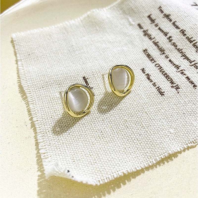 【好.樣.日.子】復古簡約貓眼石耳環 不規則圓圈設計 耳針耳飾 百搭氣質款 不易過敏-細節圖2