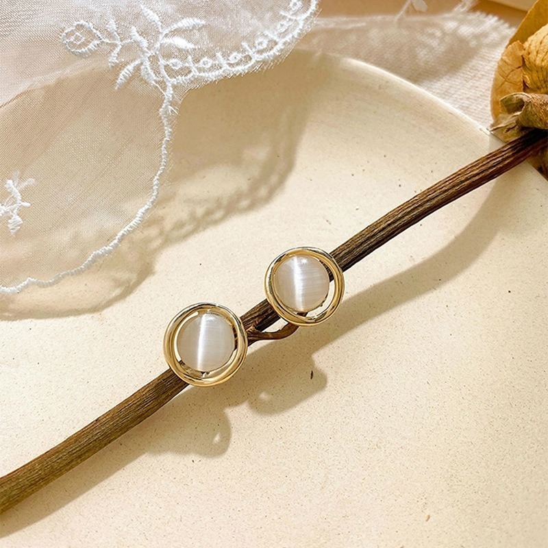 【好.樣.日.子】復古簡約貓眼石耳環 不規則圓圈設計 耳針耳飾 百搭氣質款 不易過敏-細節圖4