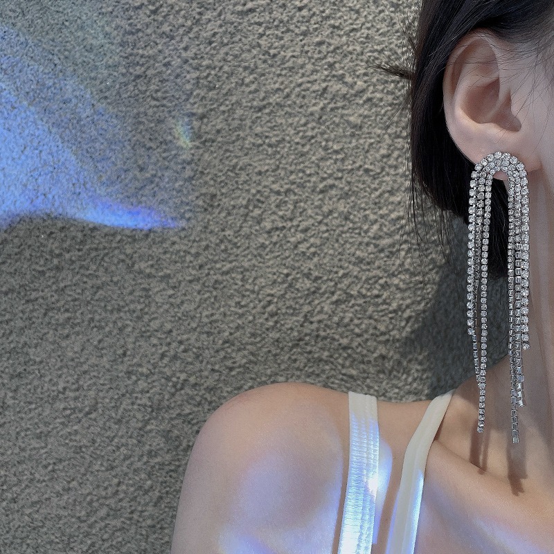 【好.樣.日.子】韓國風水鑽流蘇大耳環 S925純銀耳針 誇張浮誇風耳飾 時尚大耳環 女神款耳環 耳釘耳環-細節圖3