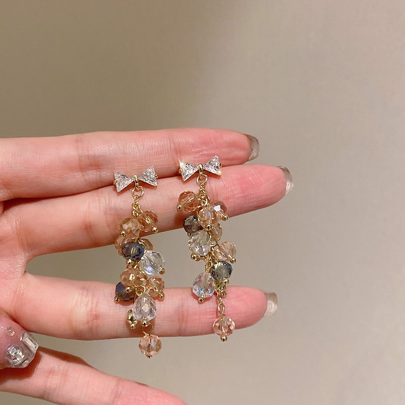 【好.樣.日.子】蝴蝶結鑲鑽流蘇耳環 誇張大耳環 流蘇垂墜耳環 浮誇耳飾 水鑽氣質耳環 女飾品-細節圖4