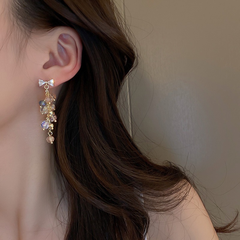 【好.樣.日.子】蝴蝶結鑲鑽流蘇耳環 誇張大耳環 流蘇垂墜耳環 浮誇耳飾 水鑽氣質耳環 女飾品-細節圖5