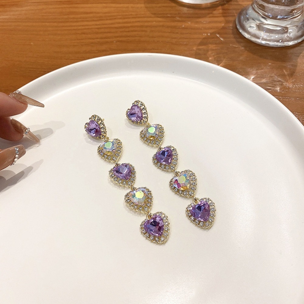 【好.樣.日.子】紫色愛心鑲鑽流蘇耳環 S925純銀耳針 浮誇大耳環 水鑽誇張耳飾 氣質派對款 耳釘-細節圖4