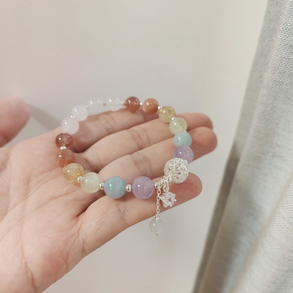 【好.樣.日.子】多巴胺色系馬卡龍手鍊 白瑪瑙 草莓晶 黃髮晶 海藍寶 月光石 開運能量飾品 女生手鏈-細節圖5