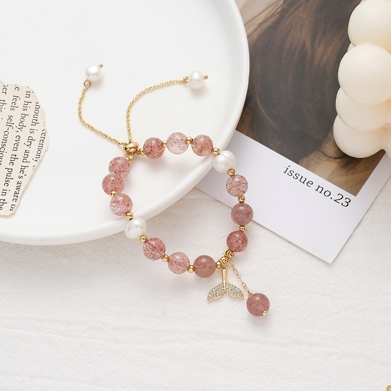【天然草莓晶×珍珠】人魚系開運手鍊 愛情水晶手鍊 女生招桃花推薦 水晶飾品手環 珍珠手鏈-細節圖4