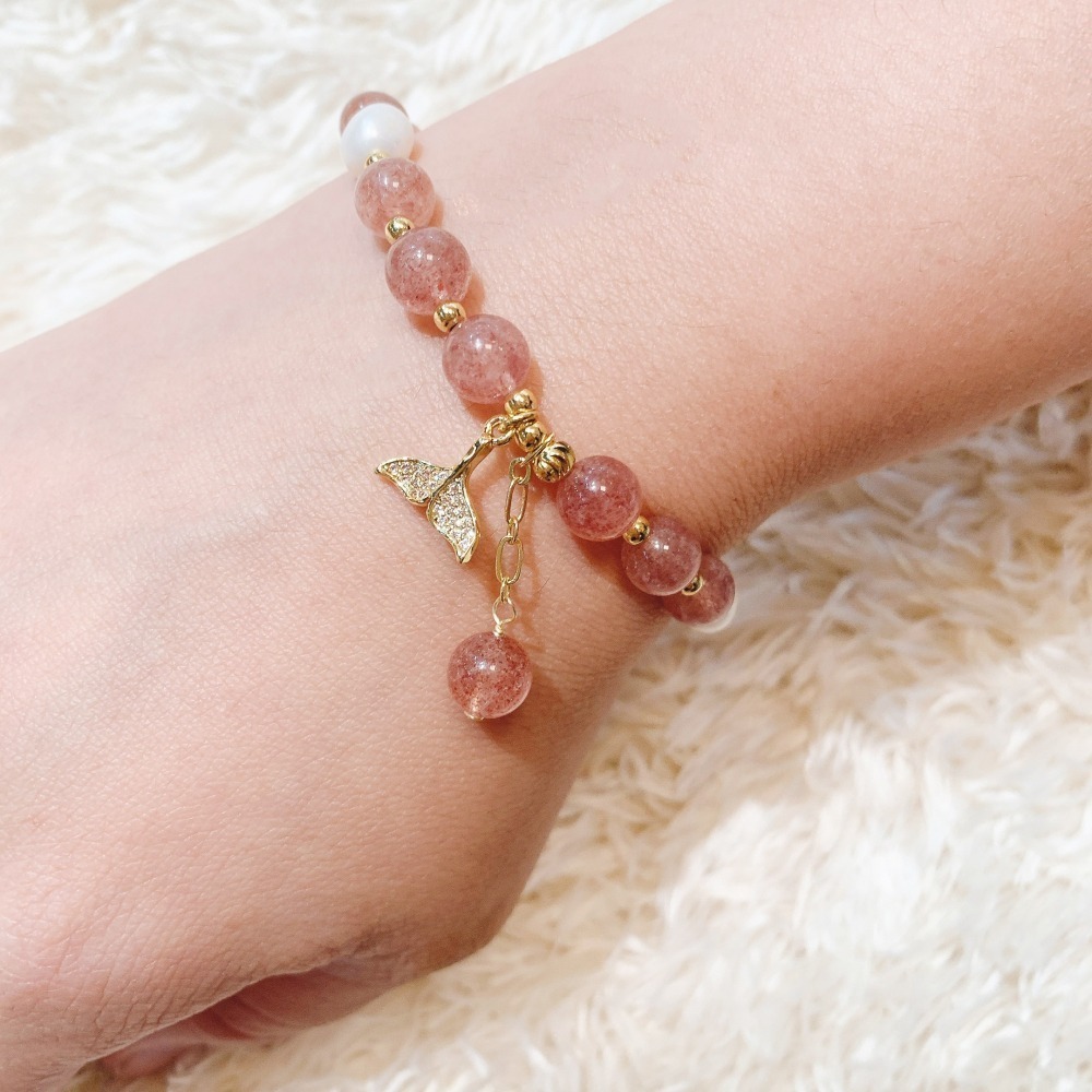 【天然草莓晶×珍珠】人魚系開運手鍊 愛情水晶手鍊 女生招桃花推薦 水晶飾品手環 珍珠手鏈-細節圖5