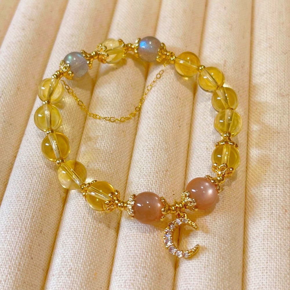 【好.樣.日.子】黃水晶灰月光石手鍊 天然水晶手鍊手環 招財開運髮晶設計款 女生人氣飾品 開運水晶串珠手鏈推薦-細節圖4