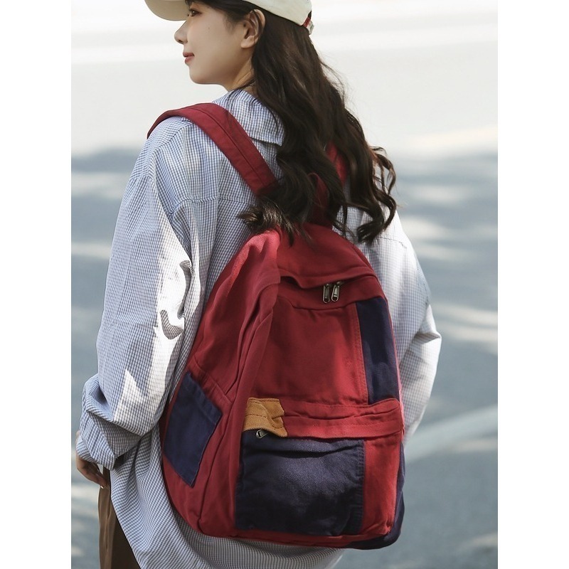 【好.樣.日.子】拼色水洗帆布後背包 拼色後背包 男女通用大容量通勤包 簡約多功能背包 上班學生書包-細節圖3