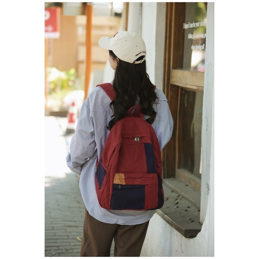 【好.樣.日.子】拼色水洗帆布後背包 拼色後背包 男女通用大容量通勤包 簡約多功能背包 上班學生書包-細節圖4