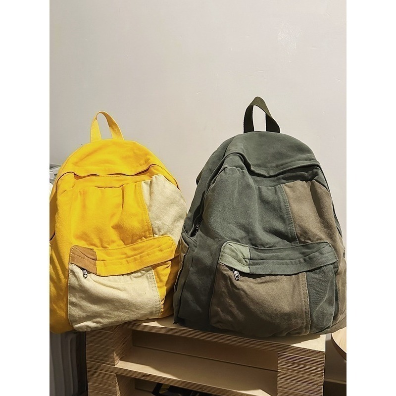 【好.樣.日.子】拼色水洗帆布後背包 拼色後背包 男女通用大容量通勤包 簡約多功能背包 上班學生書包-細節圖5