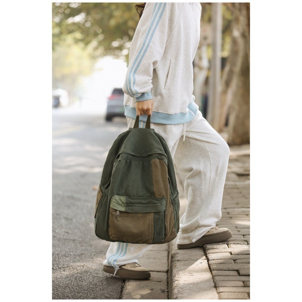 【好.樣.日.子】拼色水洗帆布後背包 拼色後背包 男女通用大容量通勤包 簡約多功能背包 上班學生書包-細節圖8