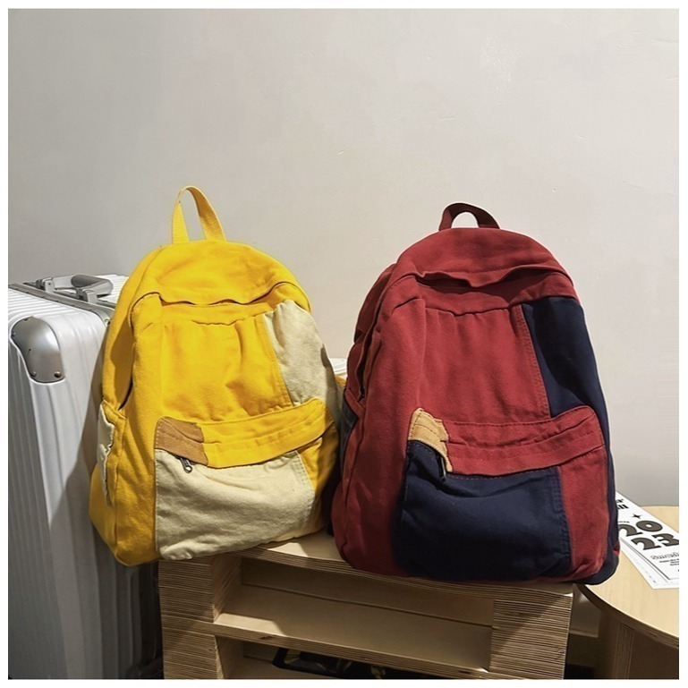 【好.樣.日.子】拼色水洗帆布後背包 拼色後背包 男女通用大容量通勤包 簡約多功能背包 上班學生書包-細節圖9