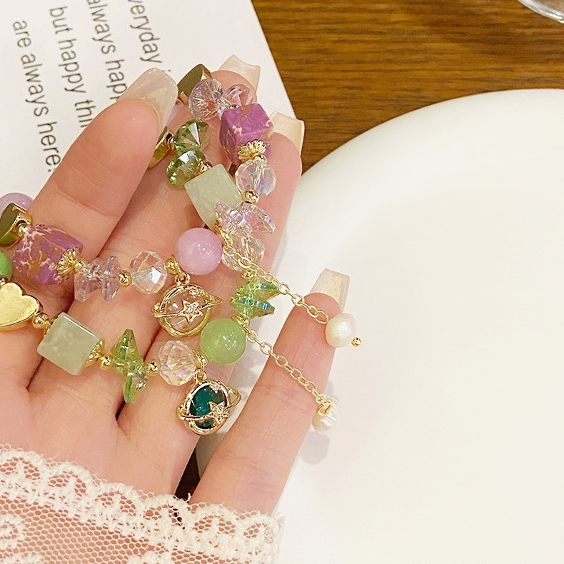 【好.樣.日.子】甜美星球設計天然水晶手鍊 可調節滑扣 紫水晶 綠水晶 水晶手鏈 女生手環飾品-細節圖2