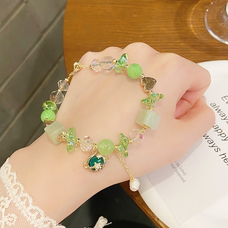 【好.樣.日.子】甜美星球設計天然水晶手鍊 可調節滑扣 紫水晶 綠水晶 水晶手鏈 女生手環飾品-細節圖3