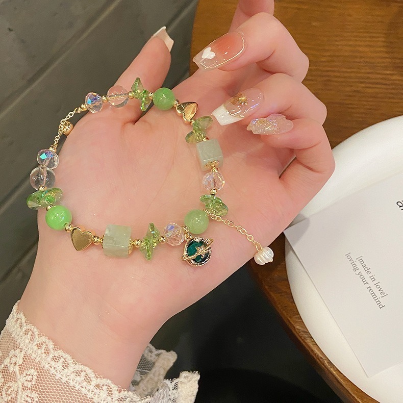 【好.樣.日.子】甜美星球設計天然水晶手鍊 可調節滑扣 紫水晶 綠水晶 水晶手鏈 女生手環飾品-細節圖8