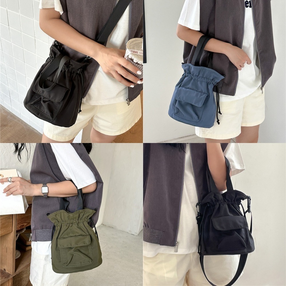 【好.樣.日.子】抽繩皺摺尼龍斜背托特包 水桶包 單肩包 肩背包 輕便防潑水小包 休閒百搭斜背包 尼龍包 女生包包推薦-細節圖3