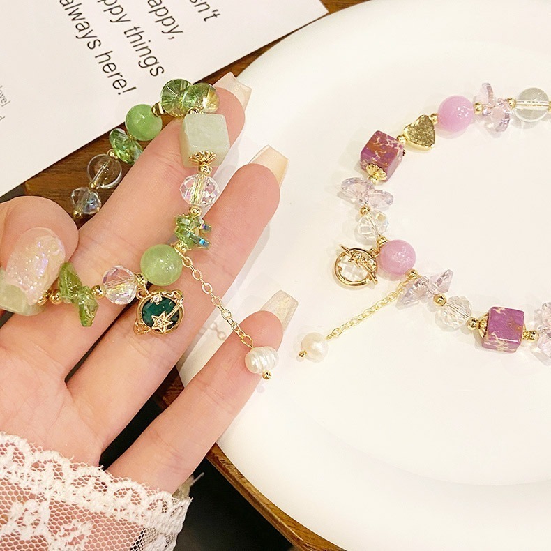 【好.樣.日.子】甜美星球造型天然水晶手鍊 可調節滑扣 紫水晶 綠水晶 水晶手環 水晶手鏈 女生飾品 開運手鍊-細節圖3