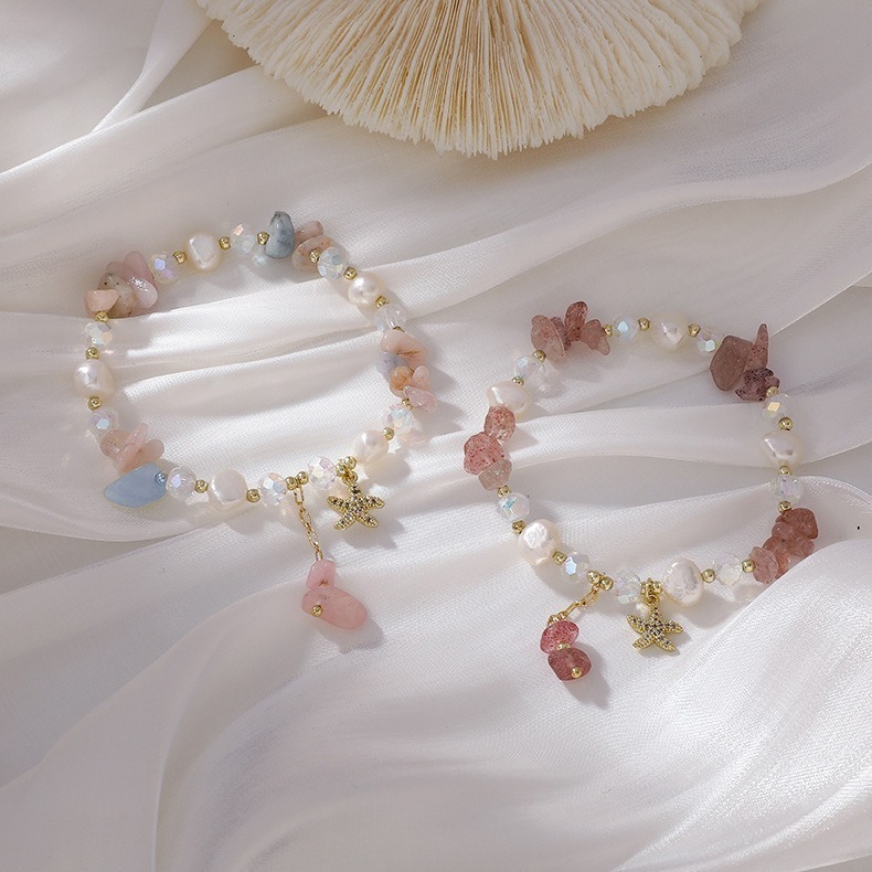 【好.樣.日.子】珍珠草莓晶不規則手鍊 摩根石甜美碎石手鏈 彈性水晶手環 女生復古氣質開運飾品-細節圖3