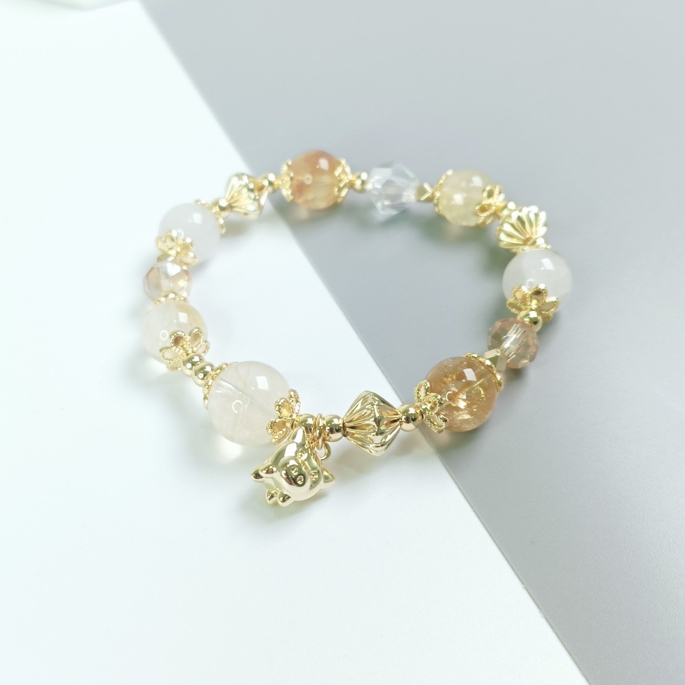 【好.樣.日.子】金豬報福發財招財手環 黃水晶/黃髮晶招財手鍊 增運手飾 財運提升手串 開運水晶手鍊-細節圖4