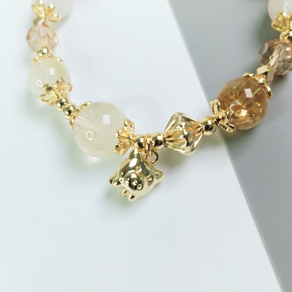 【好.樣.日.子】金豬報福發財招財手環 黃水晶/黃髮晶招財手鍊 增運手飾 財運提升手串 開運水晶手鍊-細節圖8