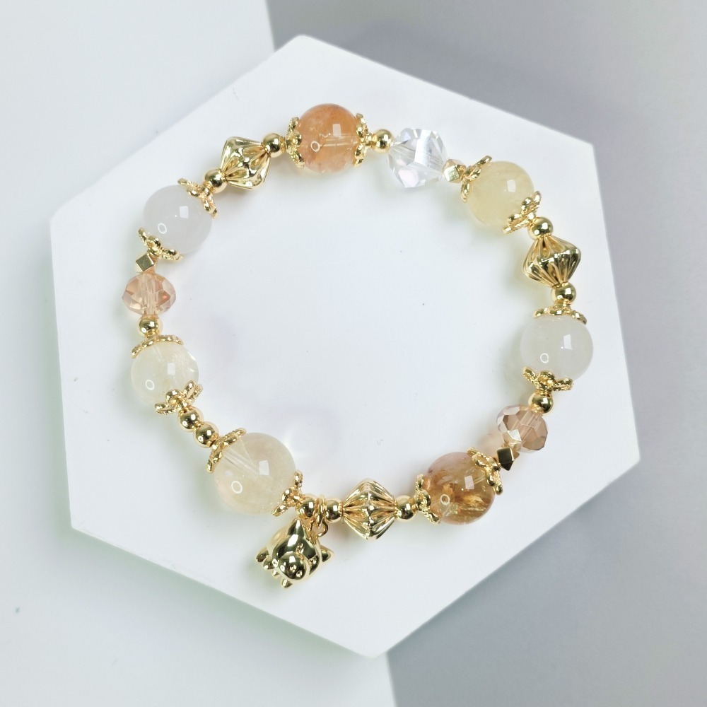 【好.樣.日.子】金豬報福發財招財手環 黃水晶/黃髮晶招財手鍊 增運手飾 財運提升手串 開運水晶手鍊-細節圖2