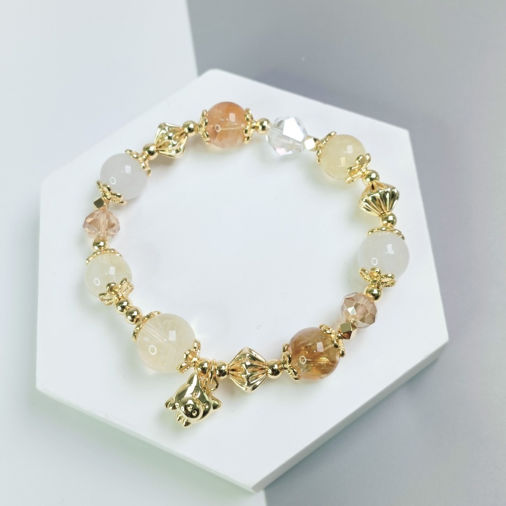 【好.樣.日.子】金豬報福發財招財手環 黃水晶/黃髮晶招財手鍊 增運手飾 財運提升手串 開運水晶手鍊-細節圖3