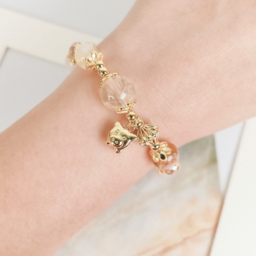 【好.樣.日.子】金豬報福發財招財手環 黃水晶/黃髮晶招財手鍊 增運手飾 財運提升手串 開運水晶手鍊-細節圖6