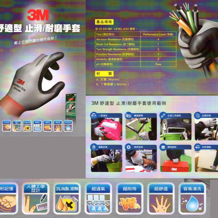 【3M】亮彩 舒適型 止滑/耐磨手套 透氣、防滑 手套 工作 用 潛水 浮潛 園藝 搬家 木工 水電 多色可選-細節圖2
