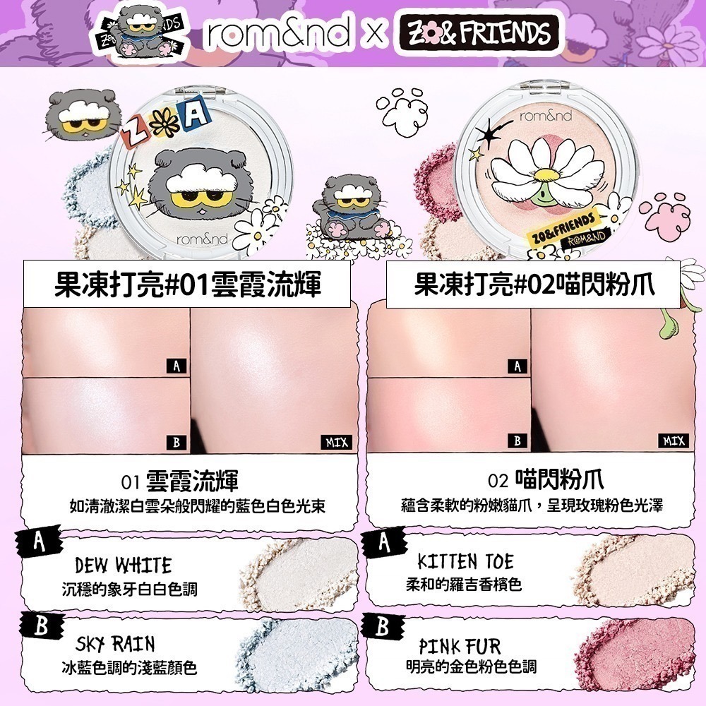 Rom&nd × ZO&FRIENDS｜聯名限定彩妝系列（唇釉／眼影／唇膏／腮紅／打亮／氣墊粉餅）-細節圖7