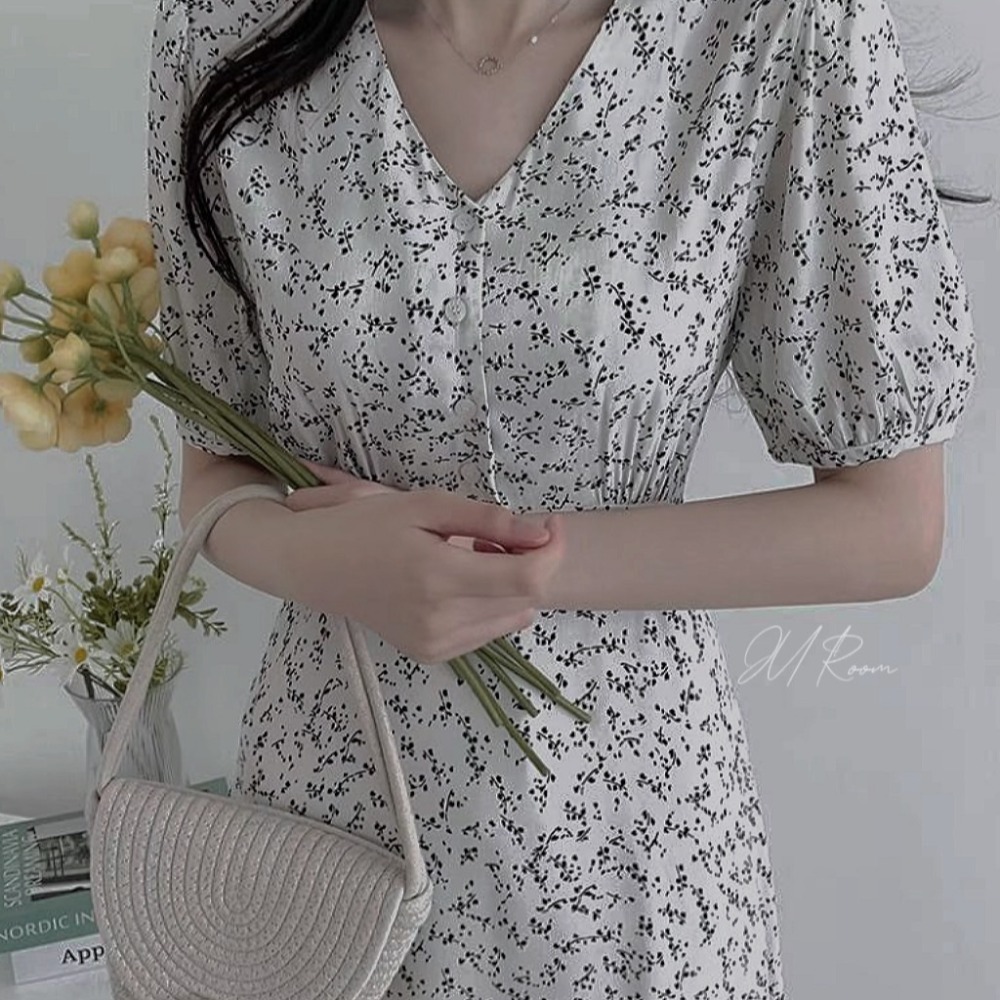 正韓V領鈕扣綁帶洋裝-細節圖3