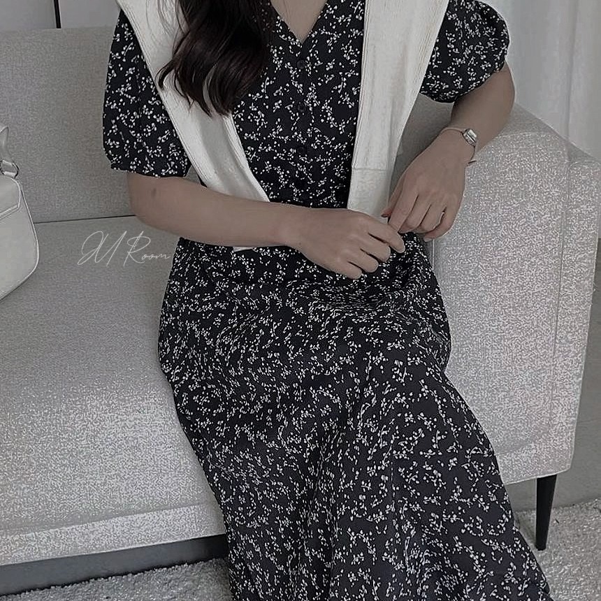 正韓V領鈕扣綁帶洋裝-細節圖8