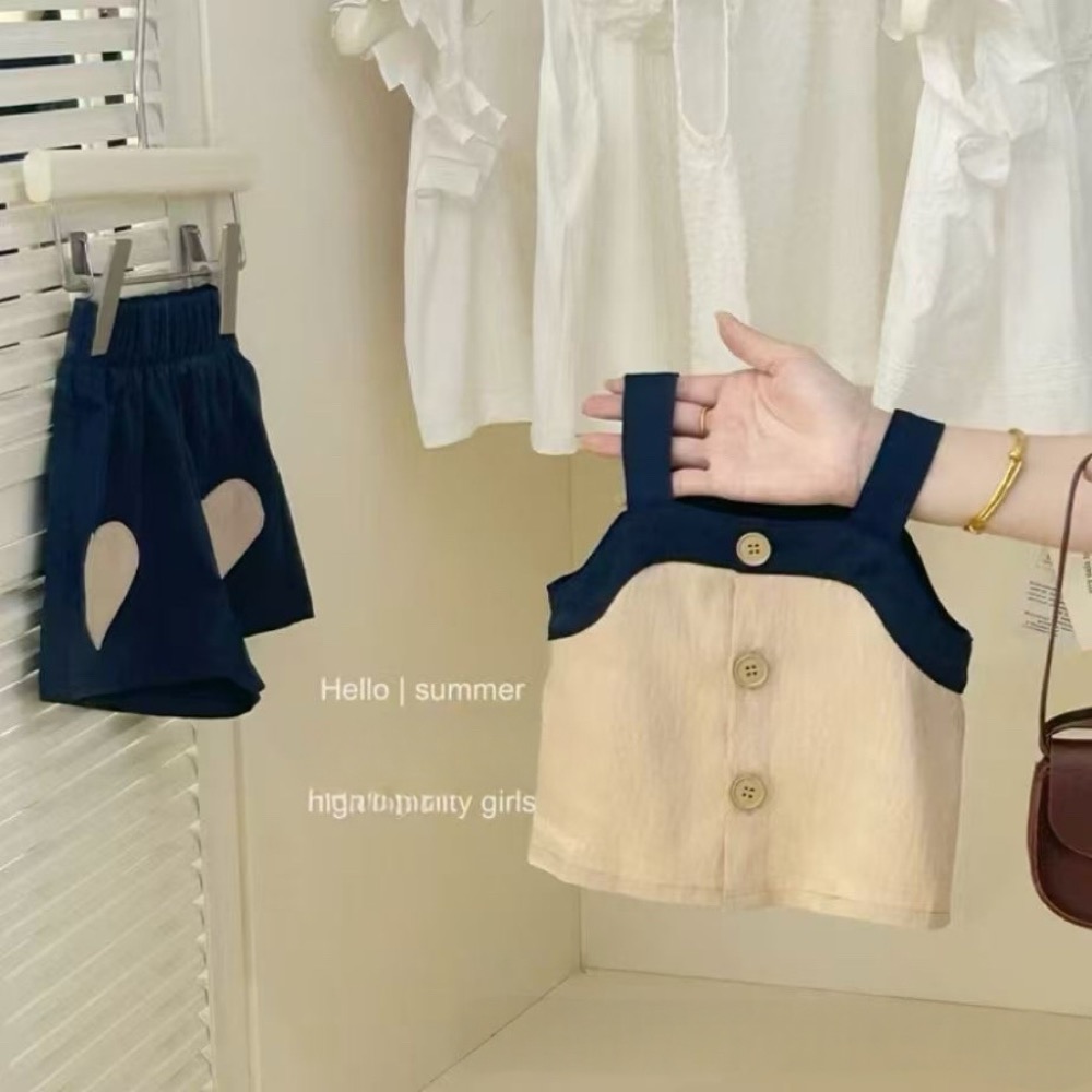 夏季卡其色寬肩帶+愛心短褲套裝-細節圖2