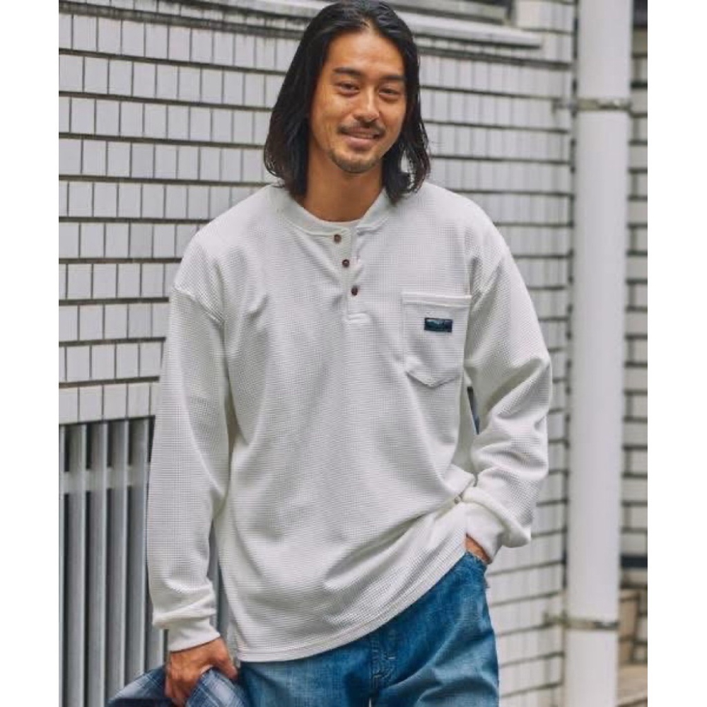 日本 THE CRAFT CREW 抗菌防臭亨利領華夫格口袋長Tee-細節圖6