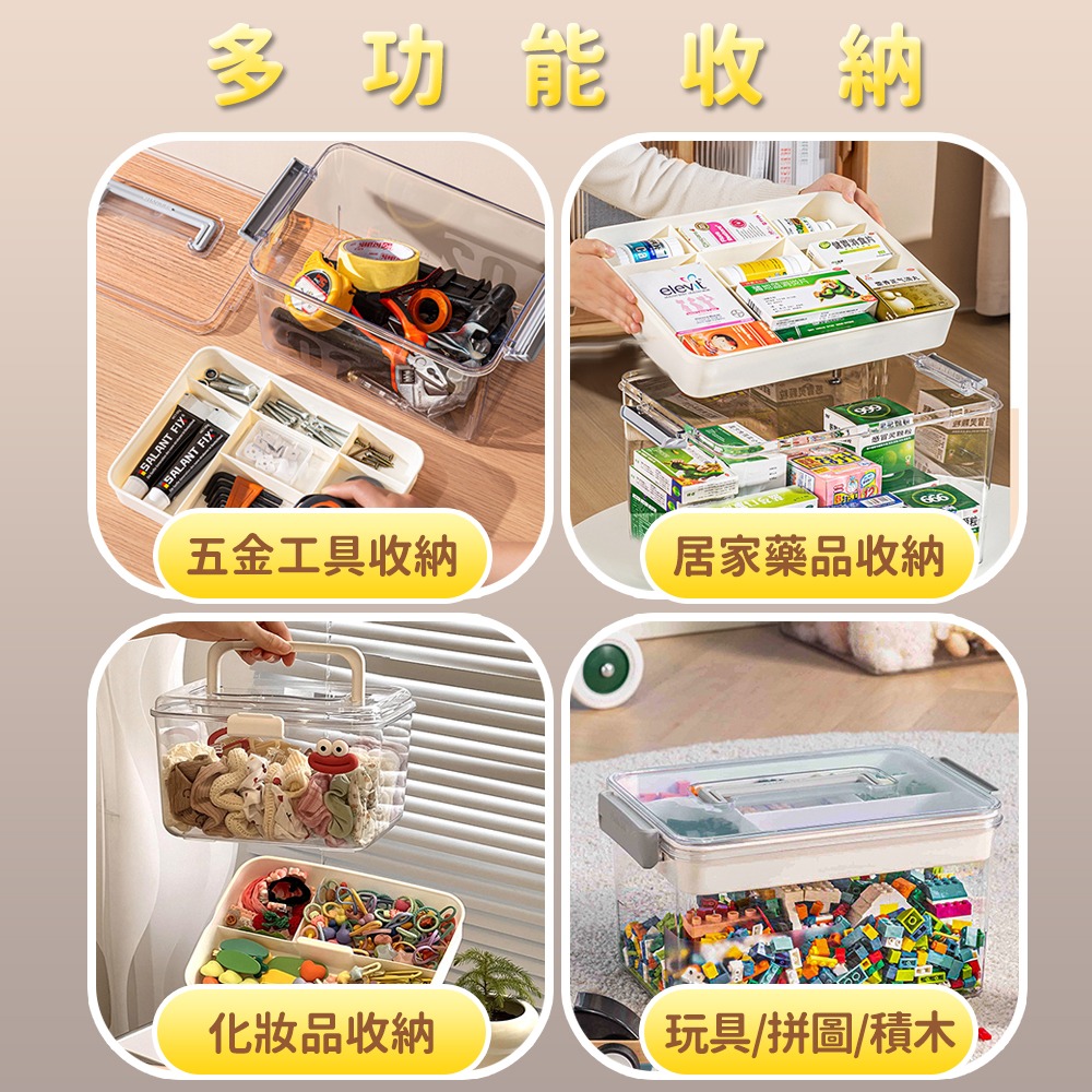 【台灣快速出貨】手提透明收納箱 分格收納盒 分隔收納箱 雙層置物箱 整理盒 化妝盒 居家醫藥箱 分類收納盒 收納女王-細節圖7