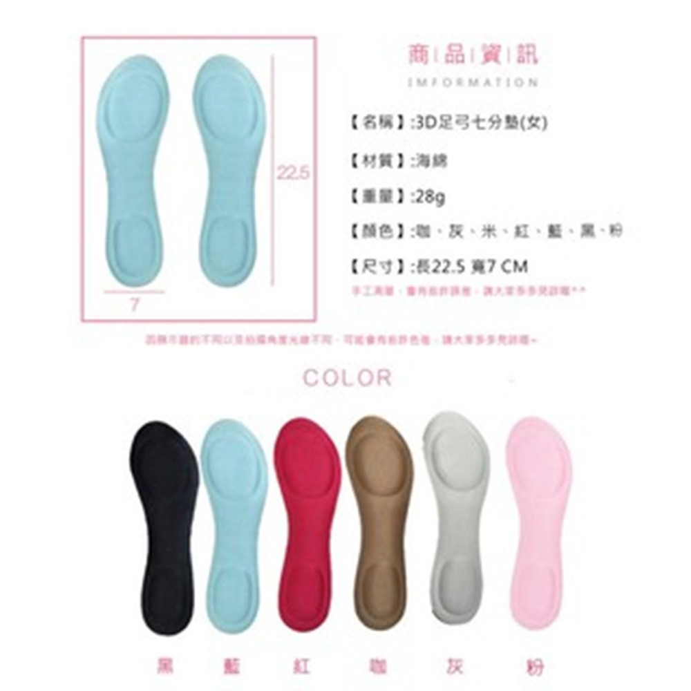 【台灣快速出貨】3D足弓七分墊 女生鞋墊 高跟鞋鞋墊 防震減壓 自由剪裁 吸汗 防臭 透氣 休閒鞋墊 收納女王-細節圖7