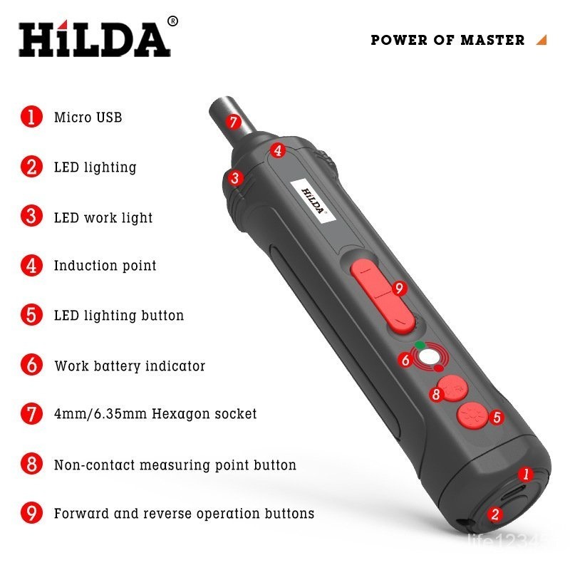 HiLDA電動螺絲刀套裝充電式鋰電起子機迷你螺絲刀LED燈-細節圖4