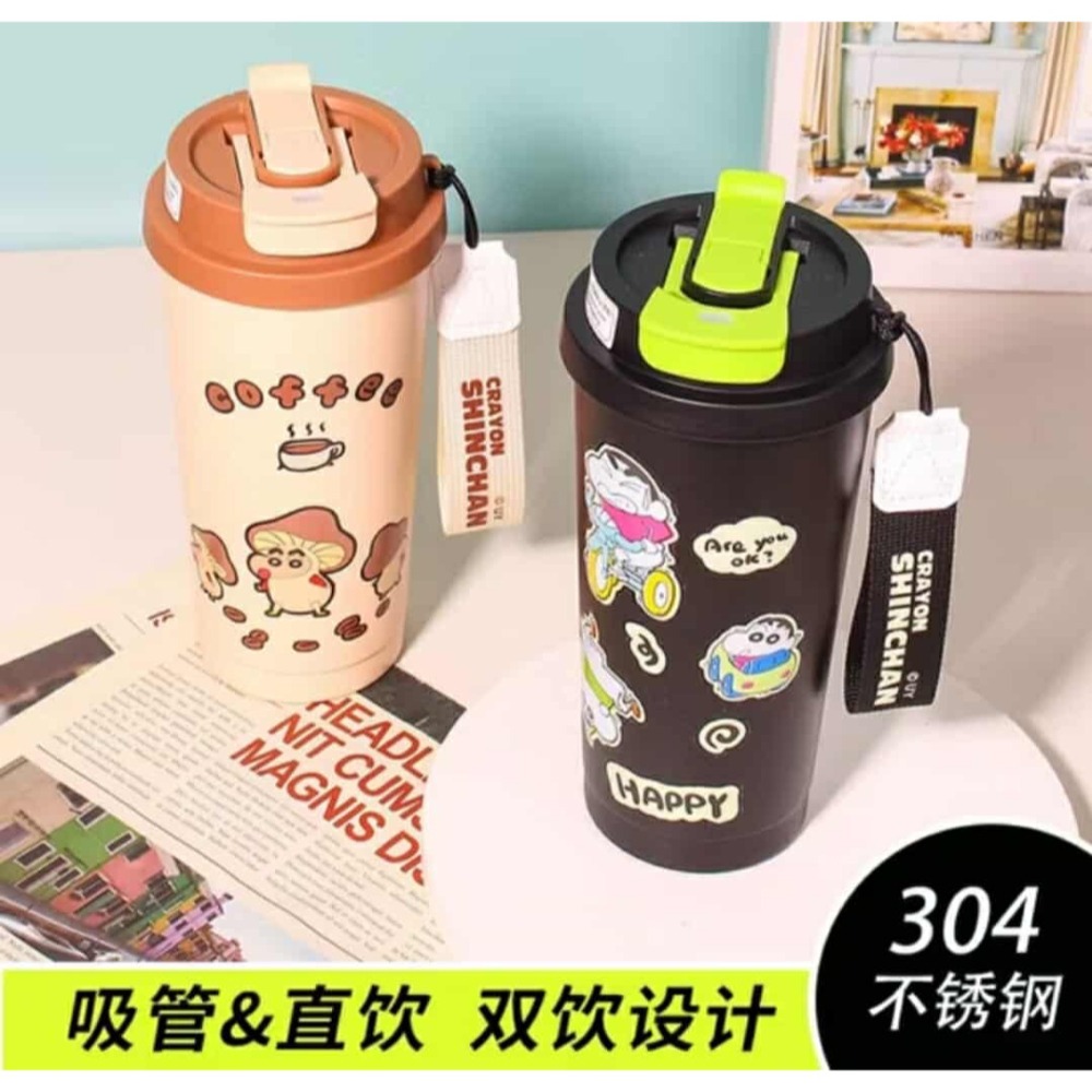 正版授權 蠟筆小新咖啡保溫杯 304不鏽鋼水壺 咖享隨行杯 500ML 小新雙飲吸管杯 卡通水杯 兒童保溫瓶-細節圖2