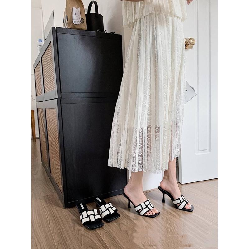 預購款❗️撞色拼接編織感涼跟鞋👡-細節圖4