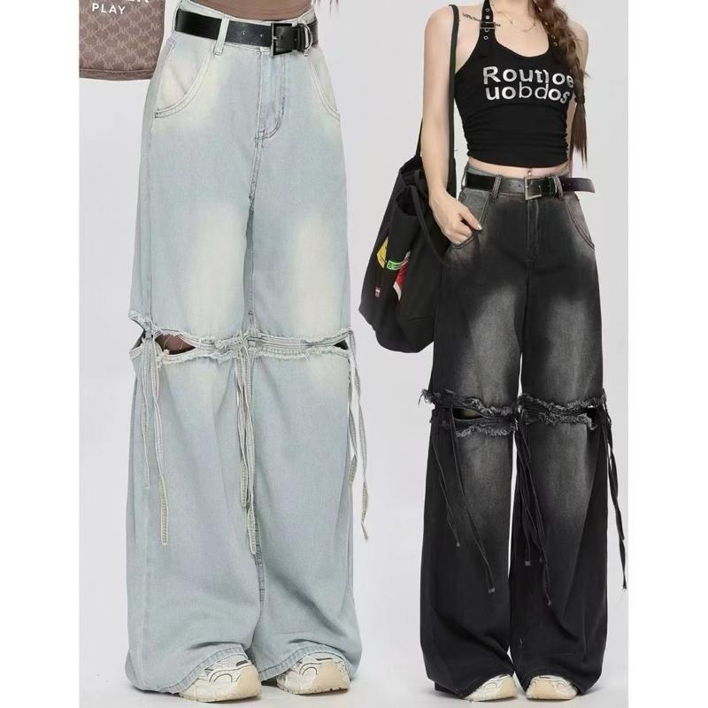 [Y.S ONI ] 現貨 🛒FSY🇰🇷美式重工拼接破洞直筒寬褲#61238-細節圖5