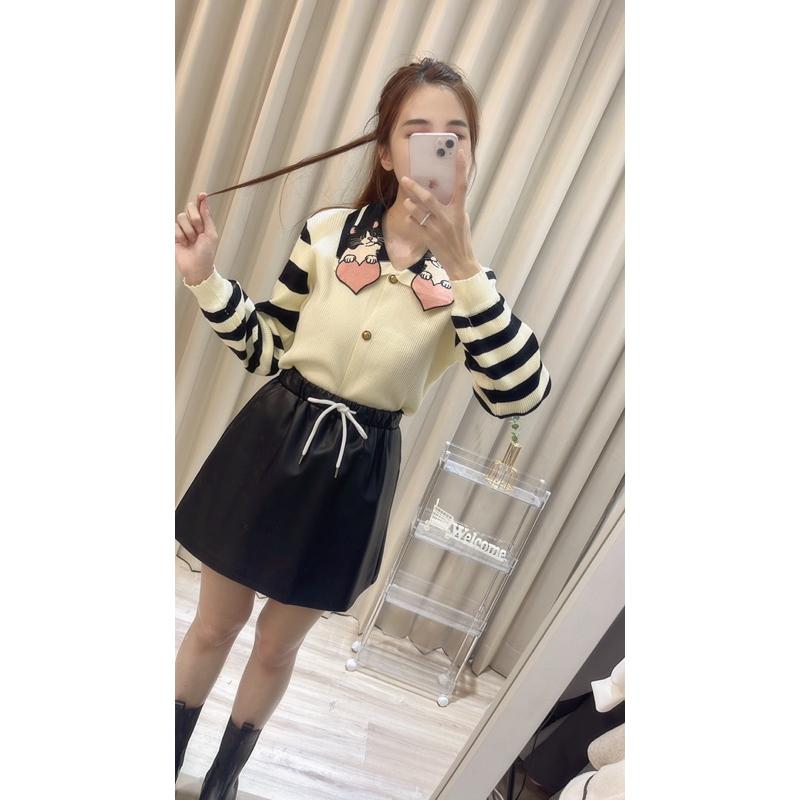 [Y.S ONI ]現貨🖤刺繡貓咪領子條紋針織澎袖上衣 襯衫 可愛 橫條紋 愛心 甜美-細節圖2