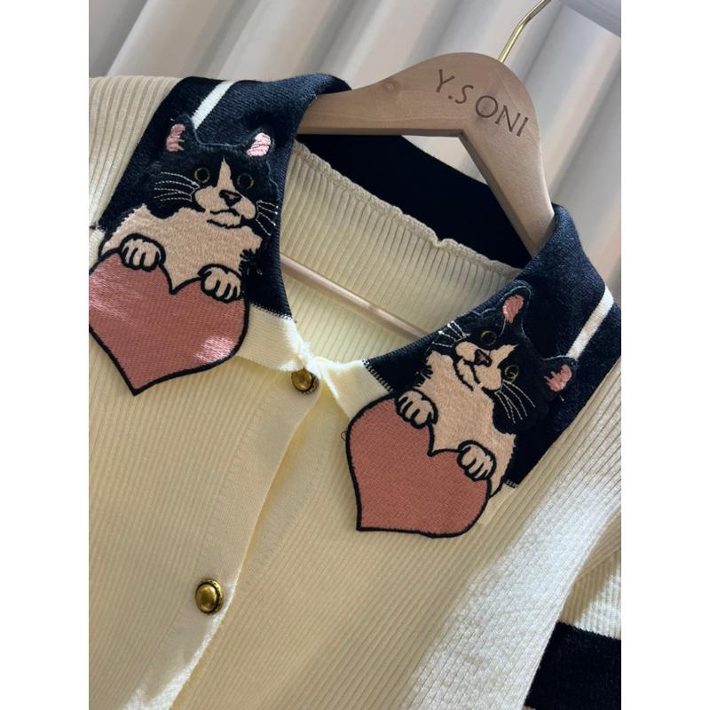 [Y.S ONI ]現貨🖤刺繡貓咪領子條紋針織澎袖上衣 襯衫 可愛 橫條紋 愛心 甜美-細節圖5