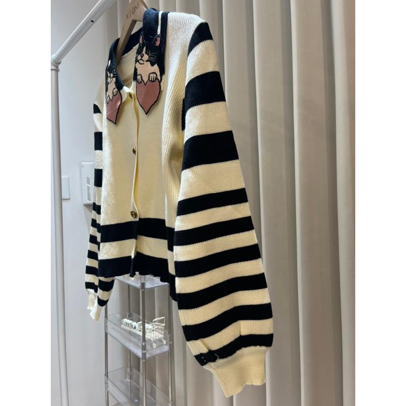 [Y.S ONI ]現貨🖤刺繡貓咪領子條紋針織澎袖上衣 襯衫 可愛 橫條紋 愛心 甜美-細節圖6