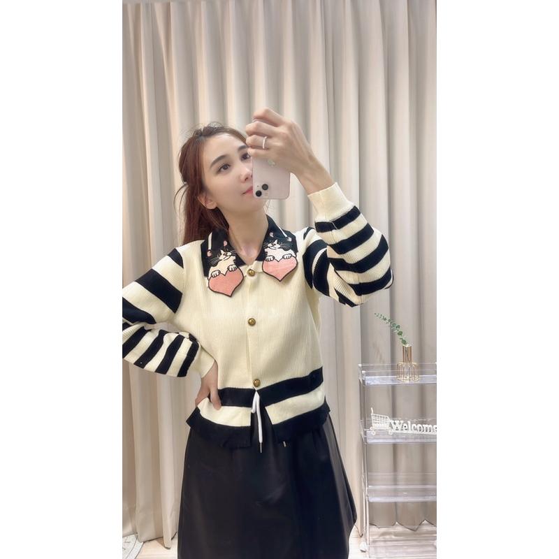 [Y.S ONI ]現貨🖤刺繡貓咪領子條紋針織澎袖上衣 襯衫 可愛 橫條紋 愛心 甜美-細節圖8