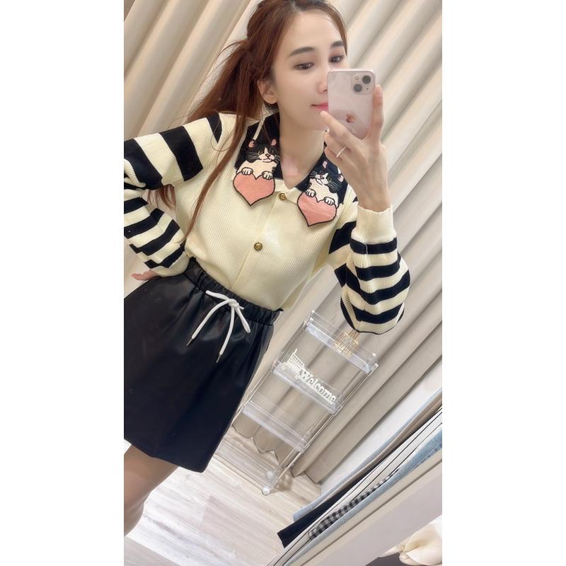 [Y.S ONI ]現貨🖤刺繡貓咪領子條紋針織澎袖上衣 襯衫 可愛 橫條紋 愛心 甜美-細節圖9