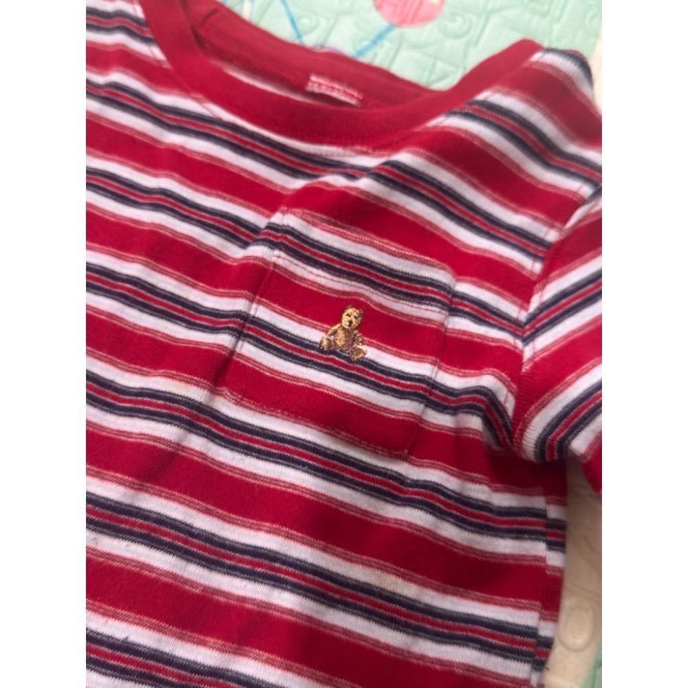 二手轉賣｜條紋熊熊刺繡上衣（約70-80cm）-細節圖2