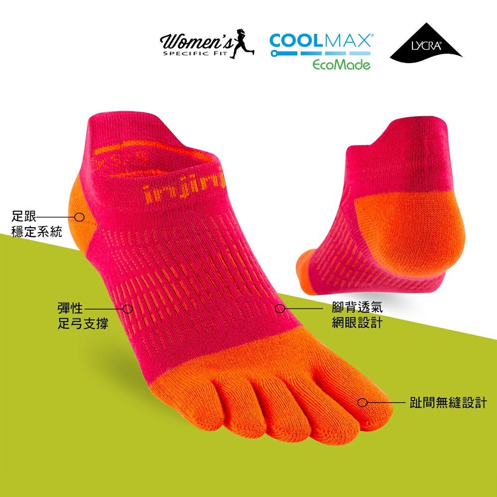 【injinji】女 Run輕量吸排五趾隱形襪NX(辣橘紅) -WAA90 |五趾襪 隱形襪 女襪-細節圖4